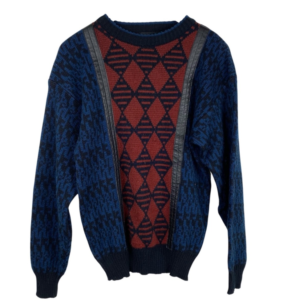 Michael Gerald Men's Sweater Crew Neck Faux Leather Trim Grandpa 90's Size S VTG